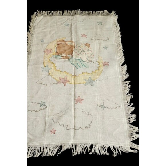 VTG Candamar Designs Finished Baby Afghan Cross Stitch Sleepy Teddy Bear Signed - Picture 2 of 14